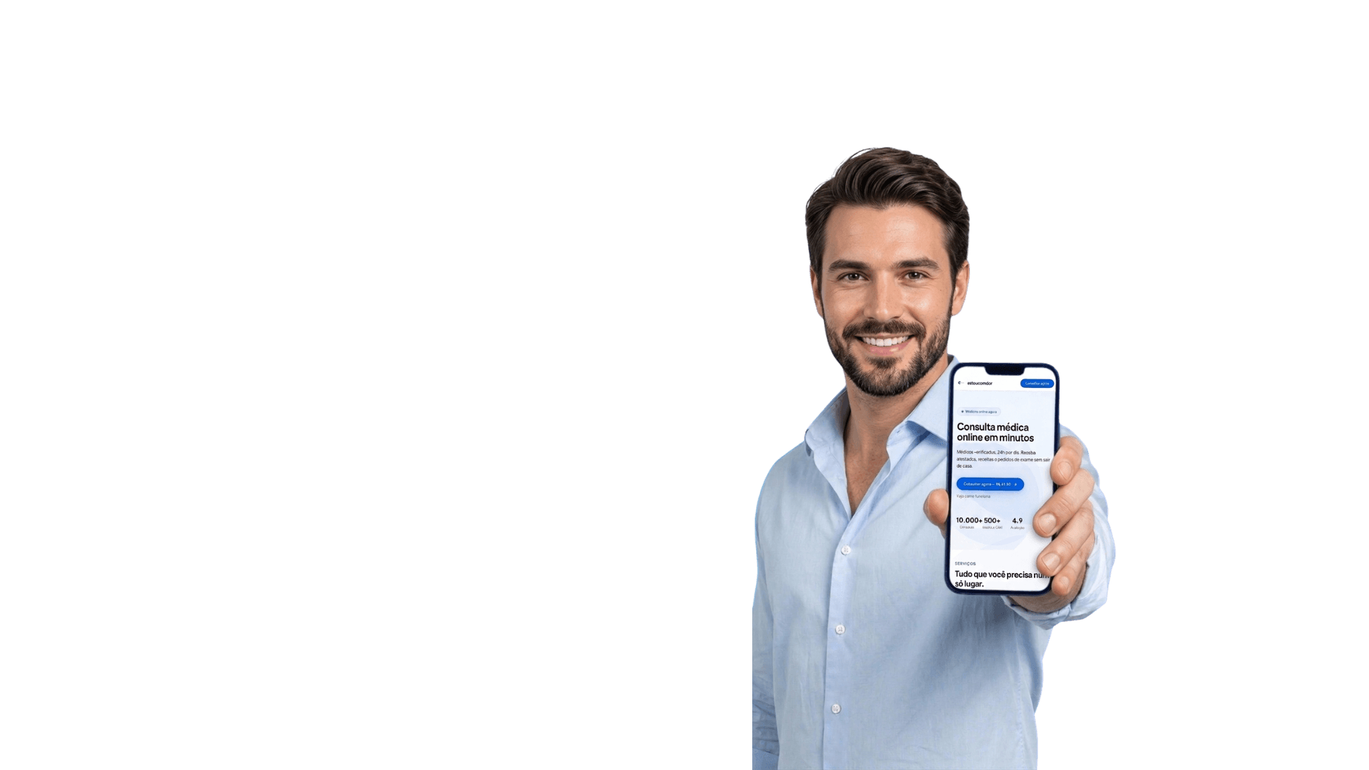 Médico mostrando a plataforma estoucomdor no celular